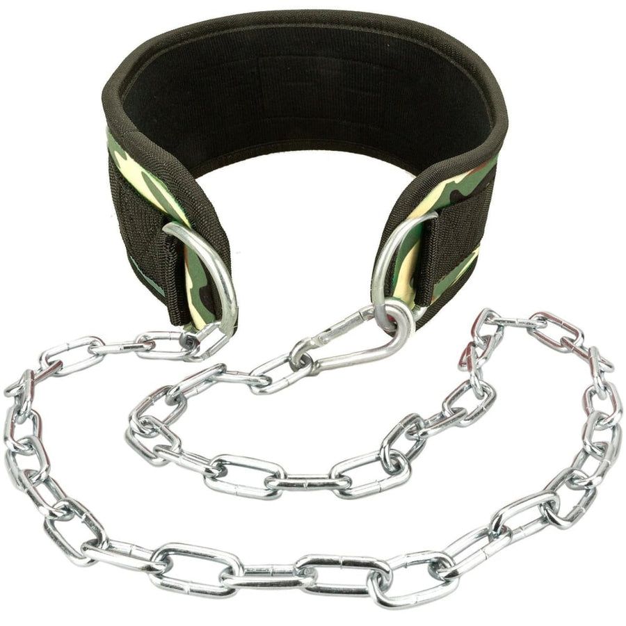 Dip-Gürtel Camouflage Oliv mit Kette. Gepolsterter Gürtel mit Camouflage-Muster und Metallringen. Kette mit Karabinerhaken.