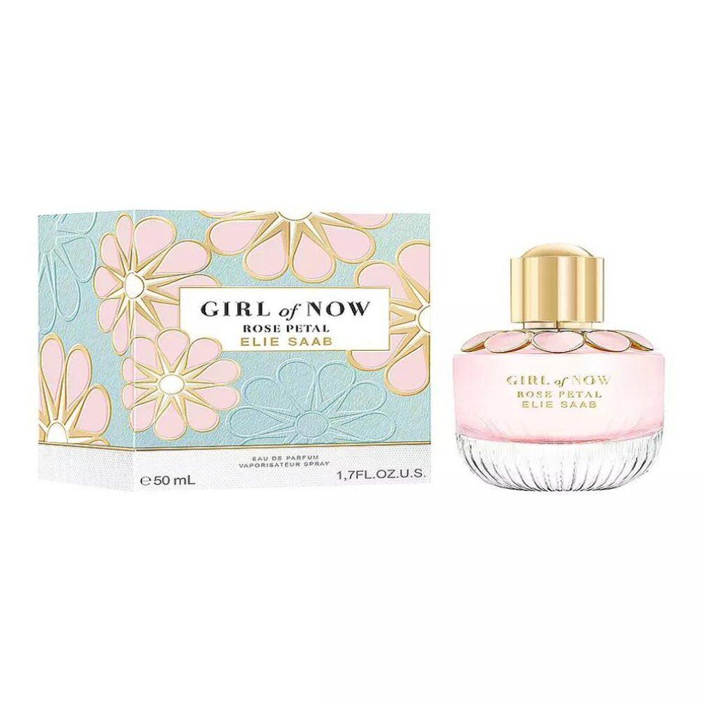 Verpackung von Elie Saab Girl of Now Rose Petal Eau de Parfum, mintgrün mit rosa und goldenen Blumen.