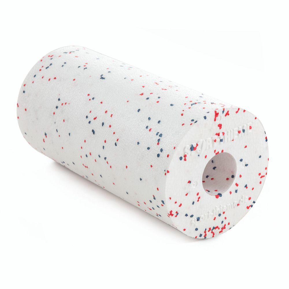 Weiße Faszienrolle mit roten und blauen Punkten. Zylindrische Form mit Loch in der Mitte. Sport-Thieme Logo.