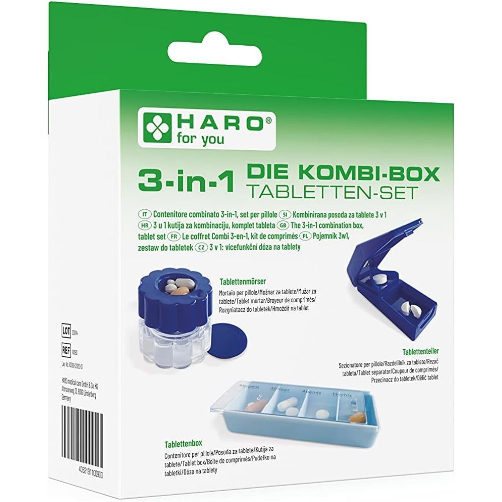 Kombi-Box Tabletten-Set. Enthält Tablettenbox, Tablettenteiler und Tablettenmörser. Blaue und weiße Elemente. Grüne Verpackung.