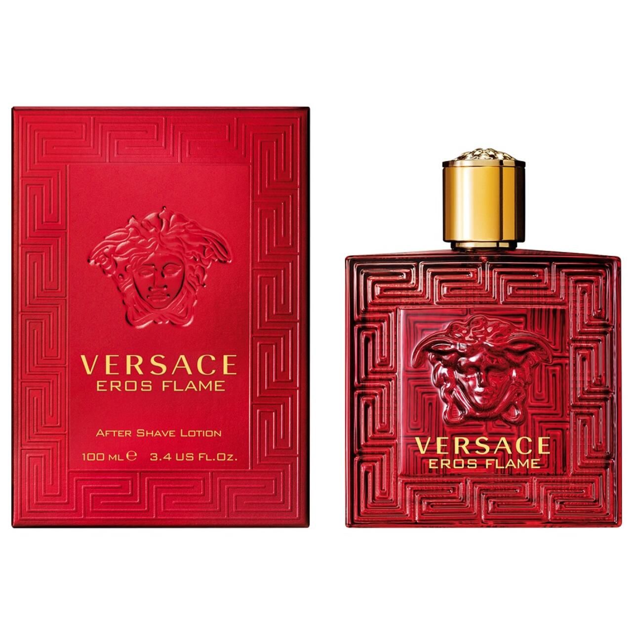 Rote Schachtel und Flasche. Aufschrift: VERSACE EROS FLAME After Shave Lotion. Medusa-Logo.