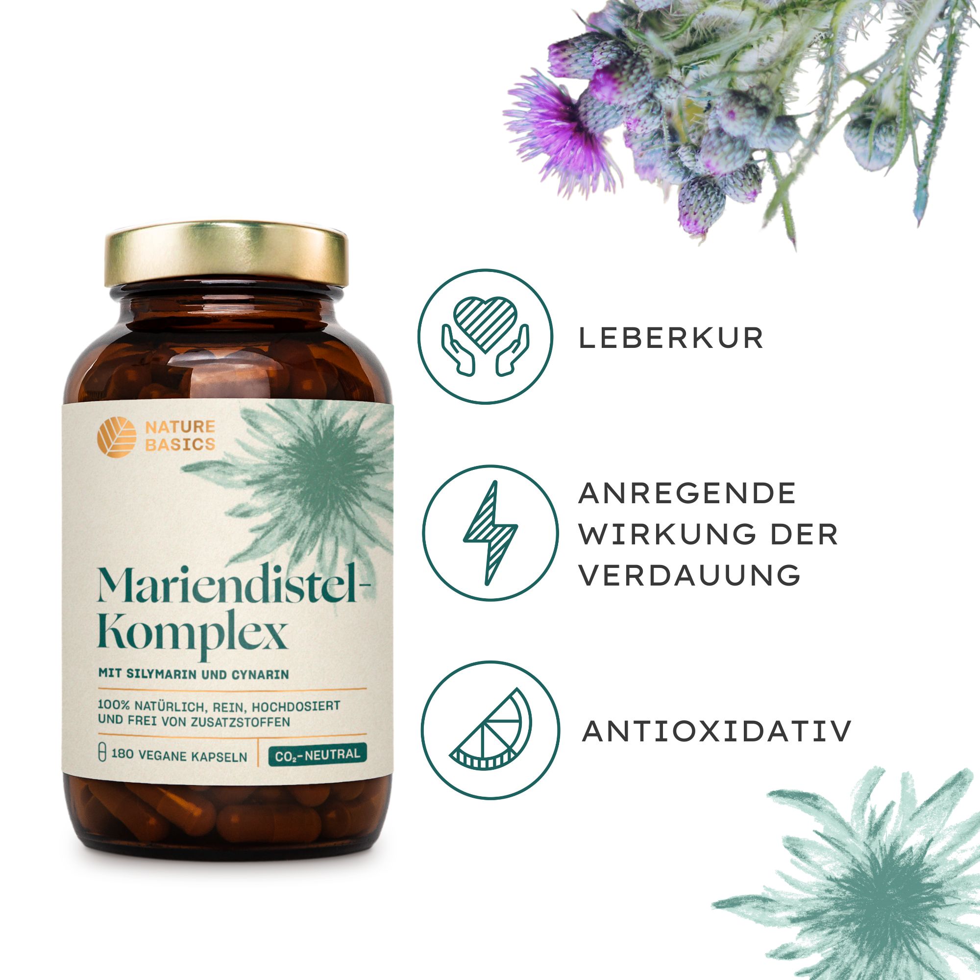 NATURE BASICS® - Natürliches Mariendistel Komplex mit Silymarin & Cynarin Vegan