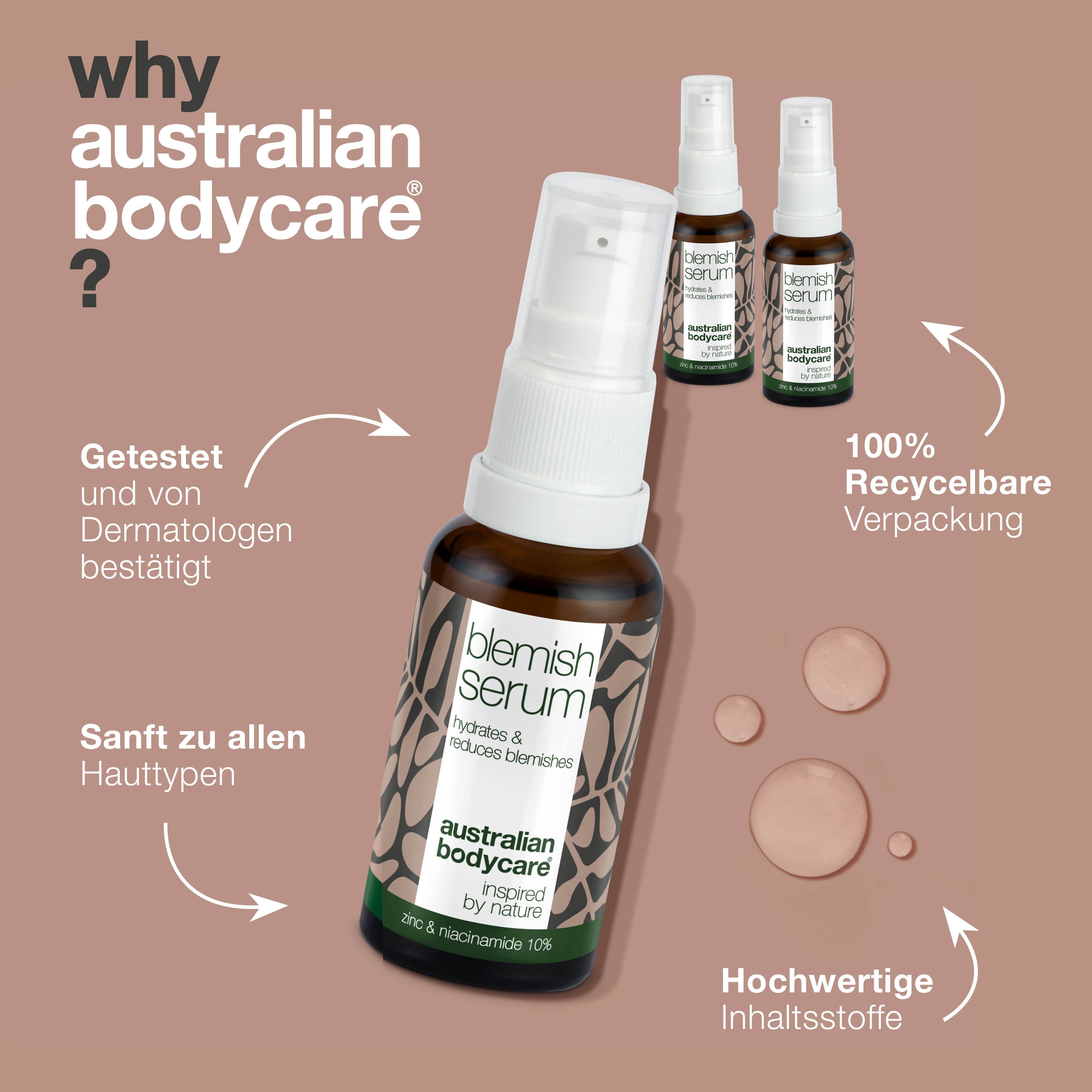 Serumflasche und zwei weitere. Text: Warum Australian Bodycare? Logo: Australian Bodycare.