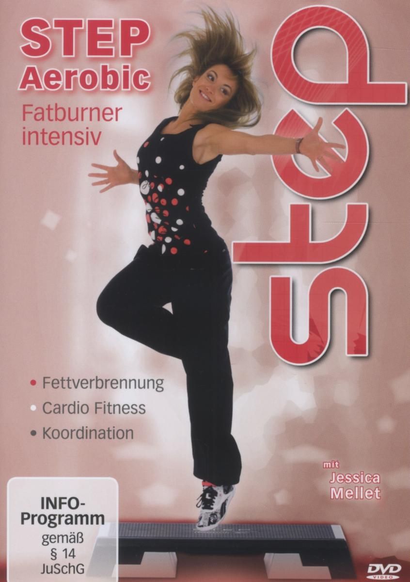 DVD-Hülle mit Titel STEP Aerobic Fatburner intensiv. Frau auf Step, roter Schriftzug STEP. Weitere Texte: Fettverbrennung, Cardio Fitness, Koordination.