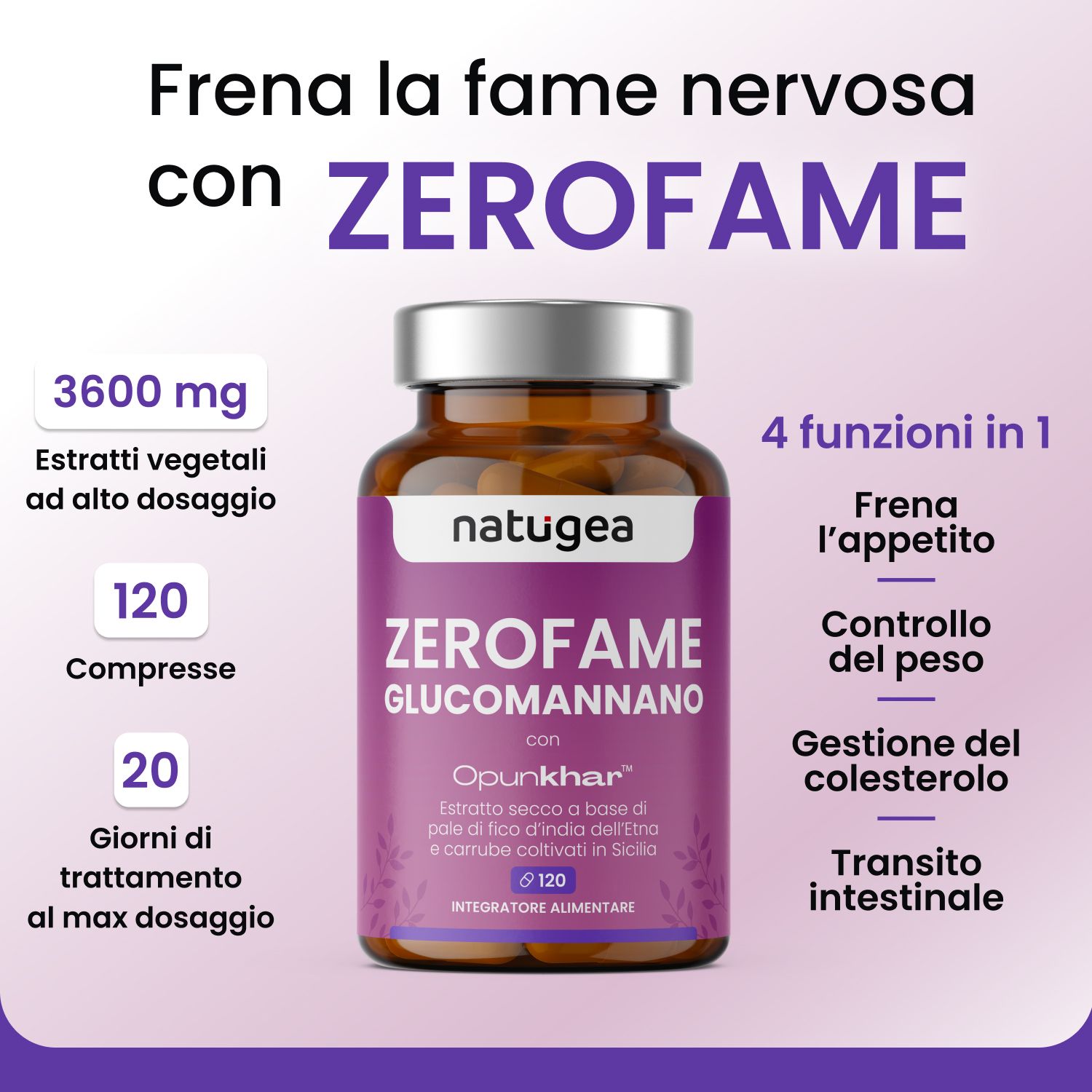 Flacone con etichetta viola. Testo: ZEROFAME, GLUCOMANANNO, natugea®. 120 compresse, 20 giorni. 4 funzioni: appetito, peso, colesterolo, transito.
