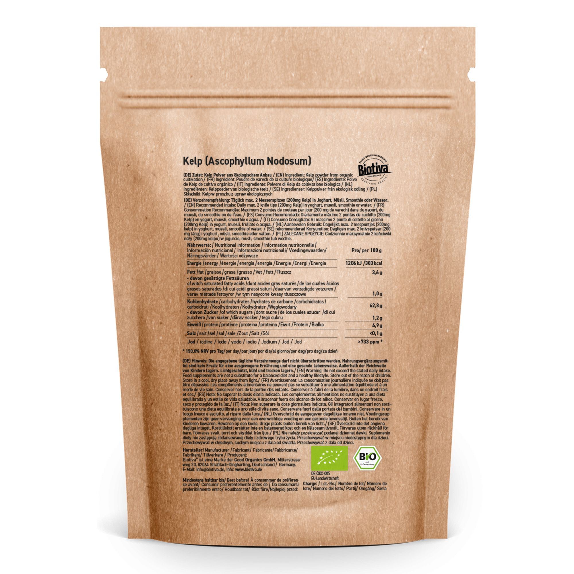 Rückseite der Kelp-Pulver-Verpackung. Informationen zu Inhaltsstoffen, Nährwerten und Zertifizierungen. Marke Biotiva, Bio-Siegel.
