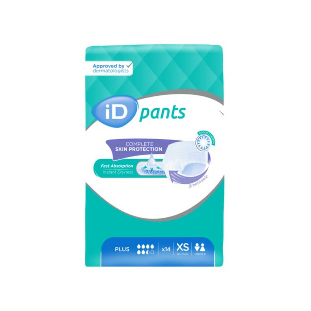 Verpackung iD Pants Plus XS. Türkis-weißes Design. Text: "Approved by dermatologists", "Complete Skin Protection", "Fast Absorption".