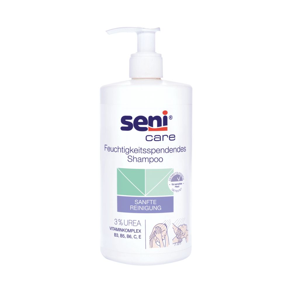 Weiße Flasche mit Pumpverschluss. Aufschrift: seni care Feuchtigkeitspendendes Shampoo, 3% Urea, Vitamin B3, B5, B6, C, E.