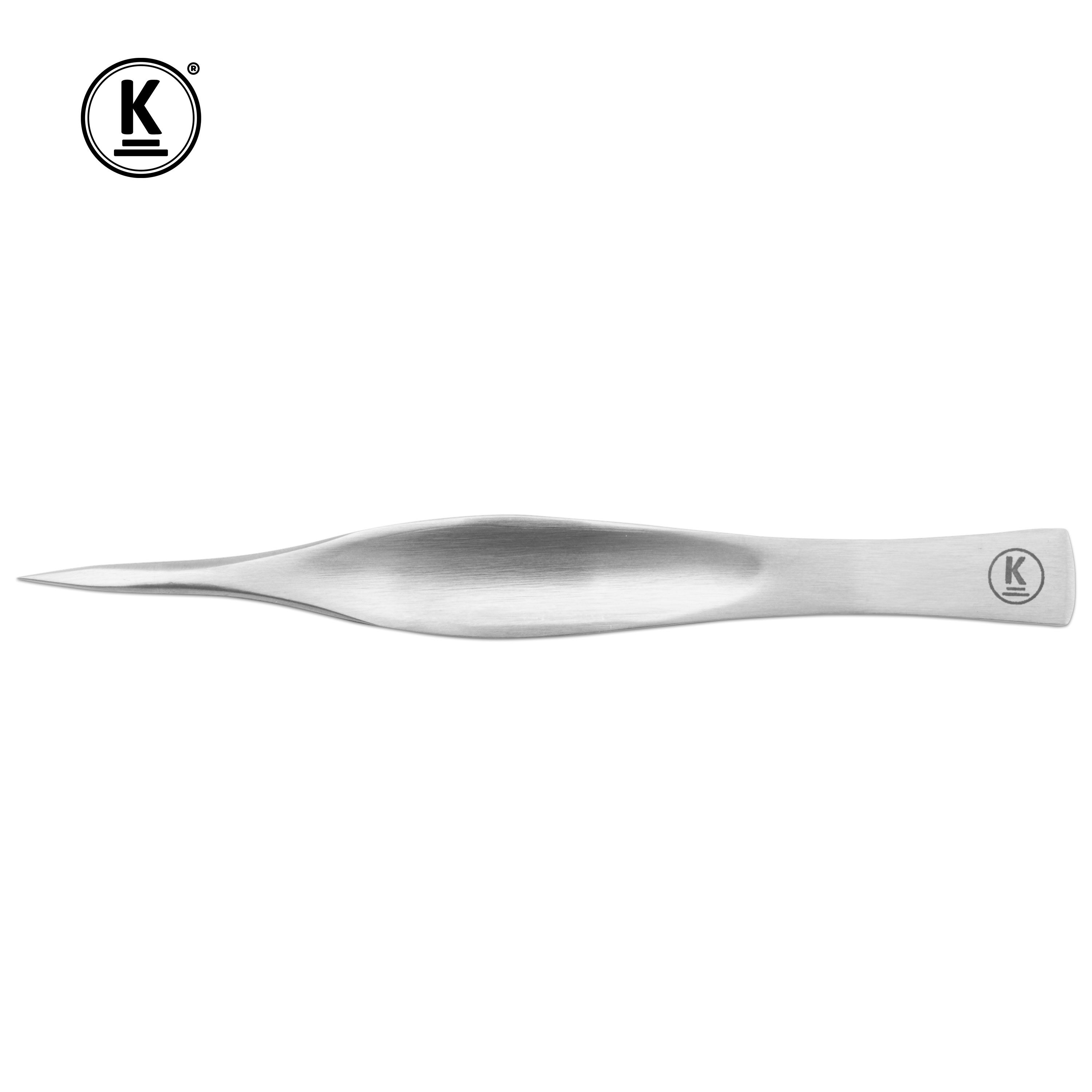 Pinzetta per schegge in metallo. Forma appuntita e curva. Logo 'K' sull'impugnatura.