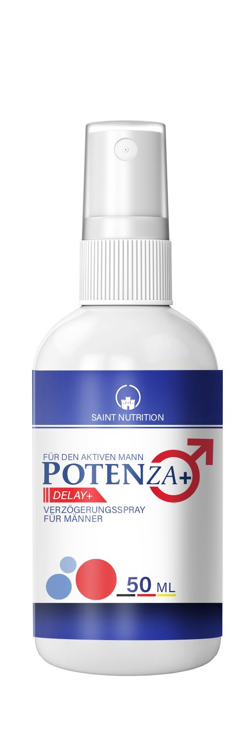 Weißes Fläschchen mit Sprühkopf. Blaues Band mit SAINT NUTRITION. Text: POTENZA+ DELAY+ Verzögerungsspray für Männer. 50 ml.