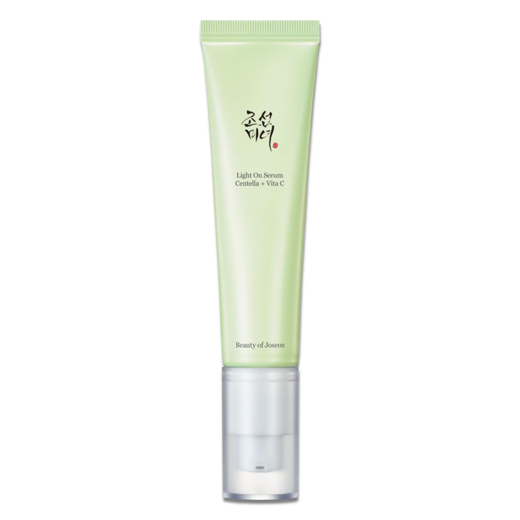 Tubo verde con erogatore bianco. Testo: Light On Serum Centella + Vita C. Marchio: Beauty of Joseon.