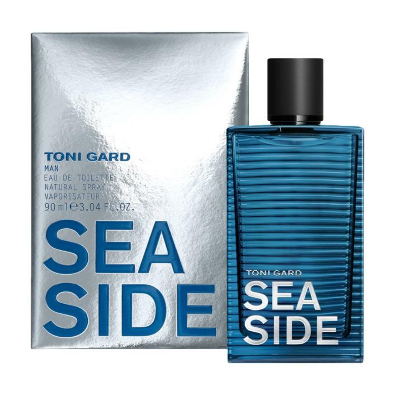 Blaues Eau de Toilette-Flakon und silberne Verpackung. Schwarzer Deckel. Schriftzug SEA SIDE. Marke Toni Gard.