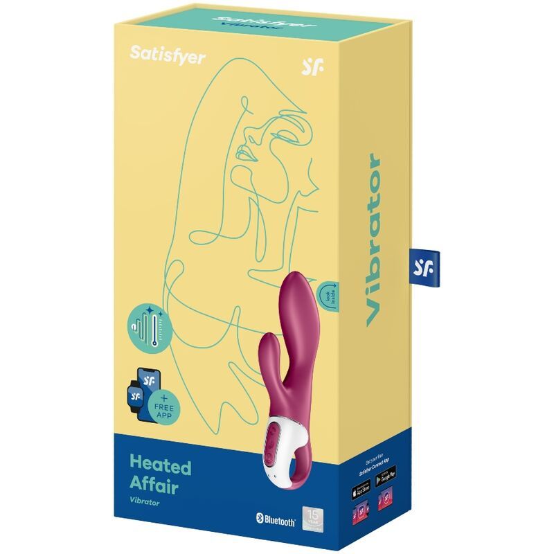 Verpackung von Satisfyer Heated Affair. Gelber Karton mit Produktabbildung. Produktname und App-Hinweis.