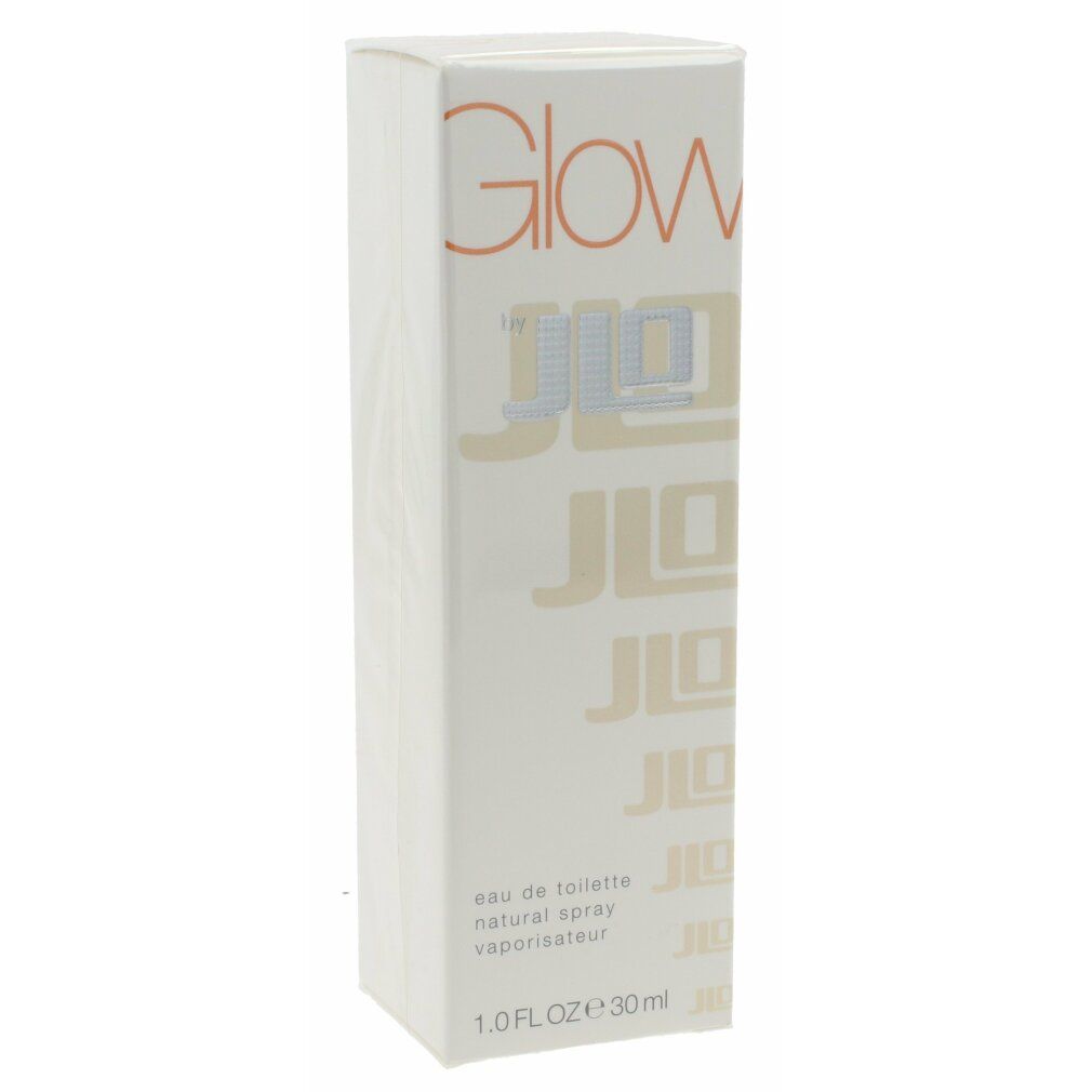 Produktverpackung. Aufschrift "Glow by JLo". Text: eau de toilette, natural spray, 1.0 FL.OZ. 30ml.