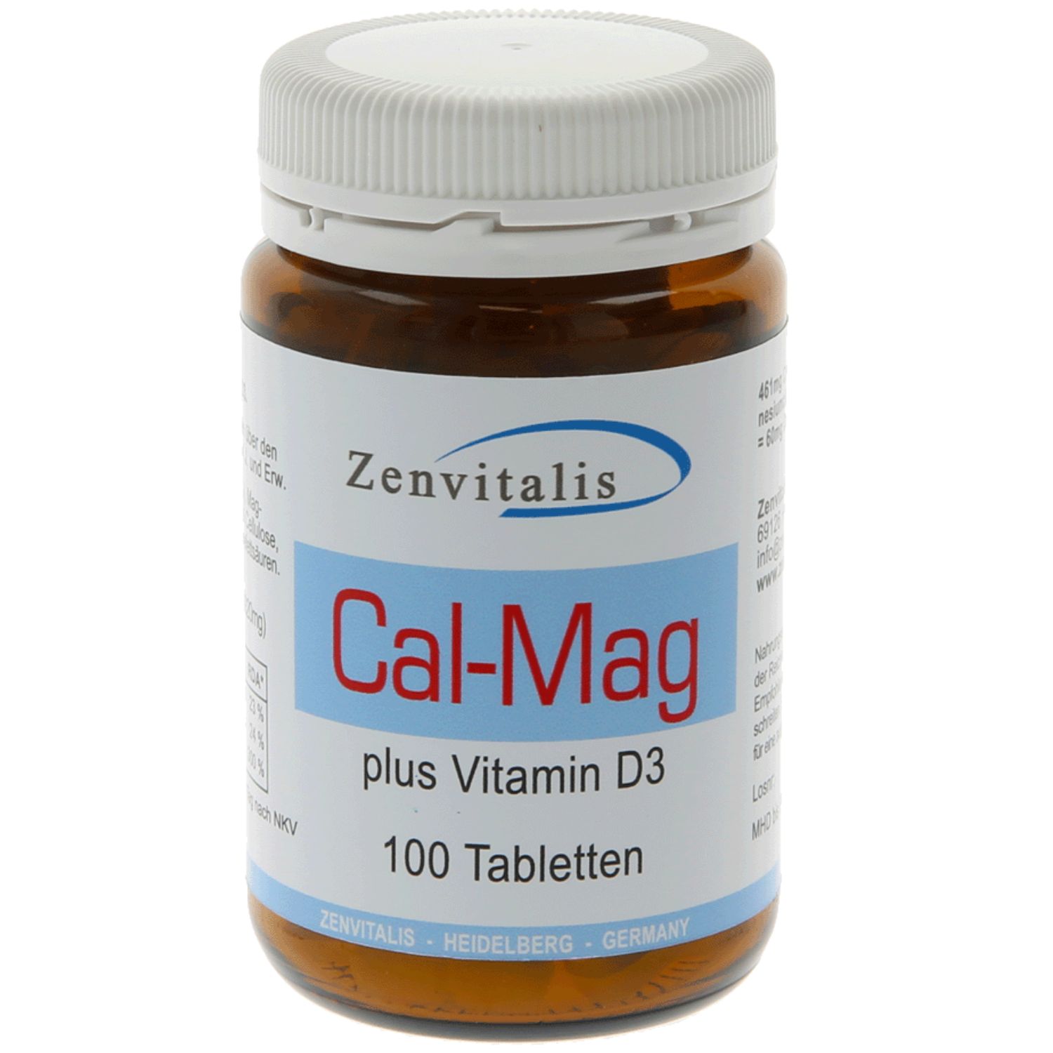 Braune Tablettenflasche mit weißem Deckel. Aufschrift: Zenvitalis Cal-Mag plus Vitamin D3, 100 Tabletten.