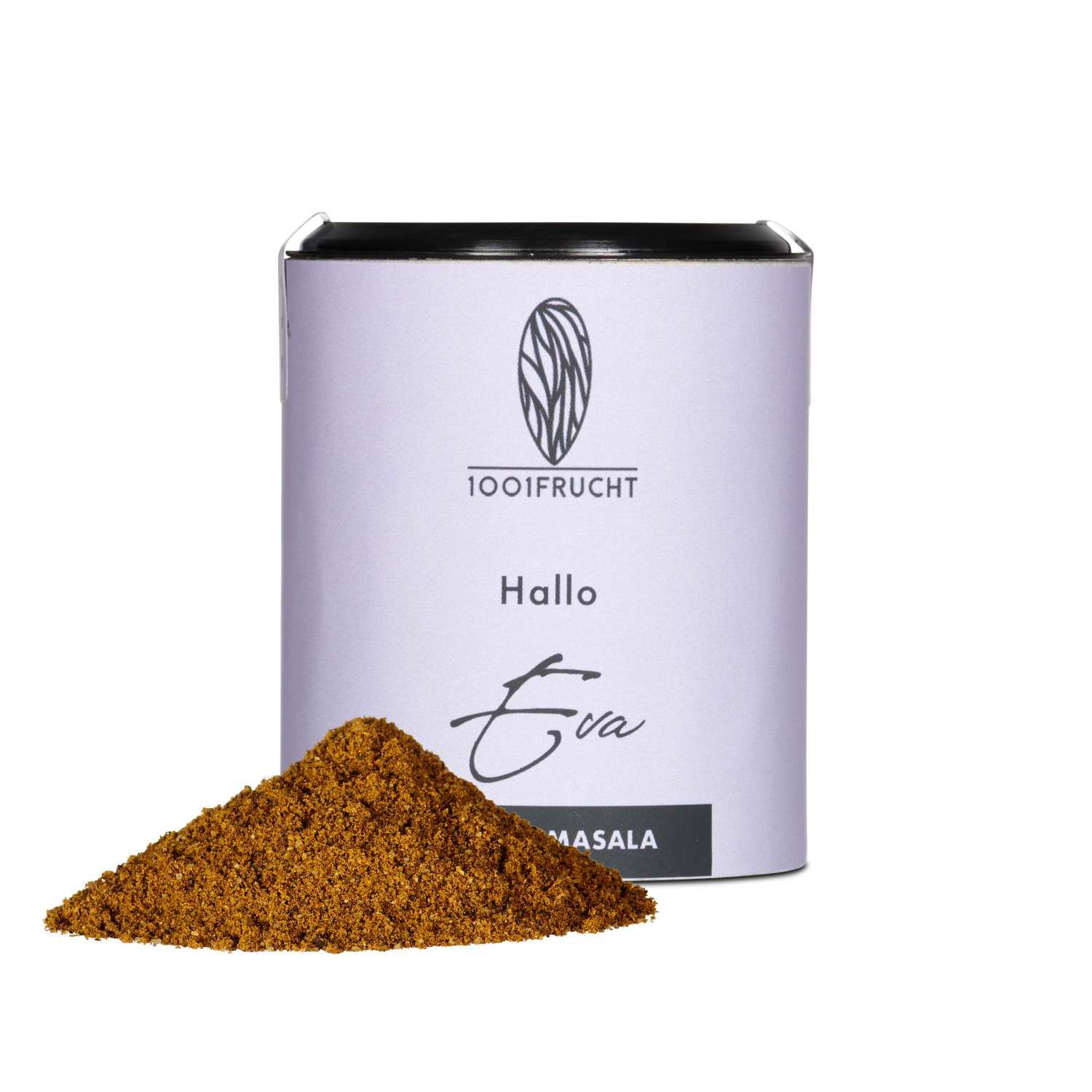 Zylindrische Dose mit Aufschrift "1001 Frucht". Daneben ein Haufen Garam Masala. Text: "Hallo Eva Masala".
