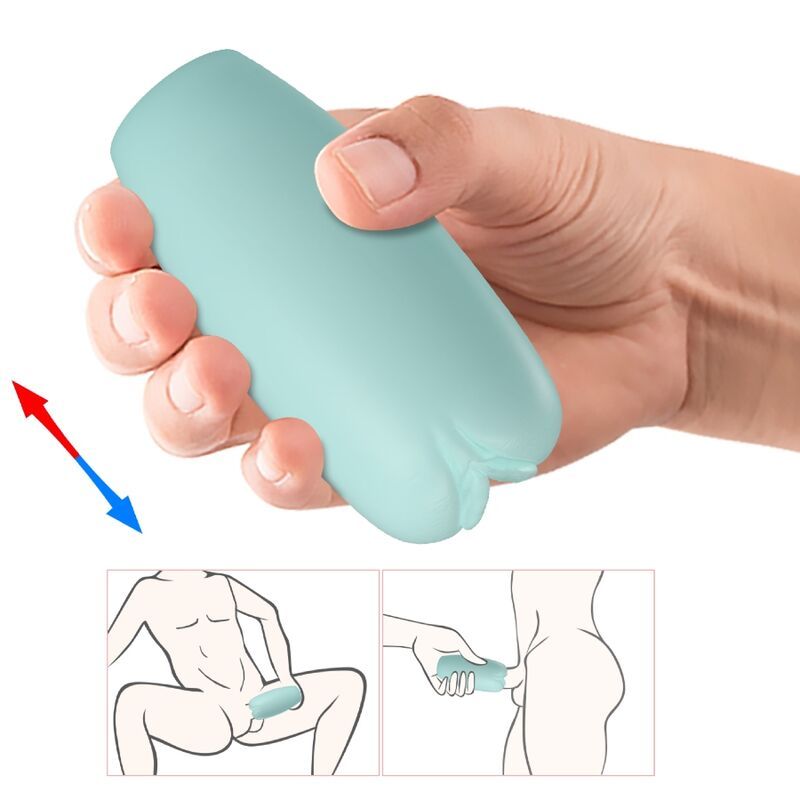 Hellblaues Masturbationsgerät in der Hand. Illustrationen zur Anwendung.