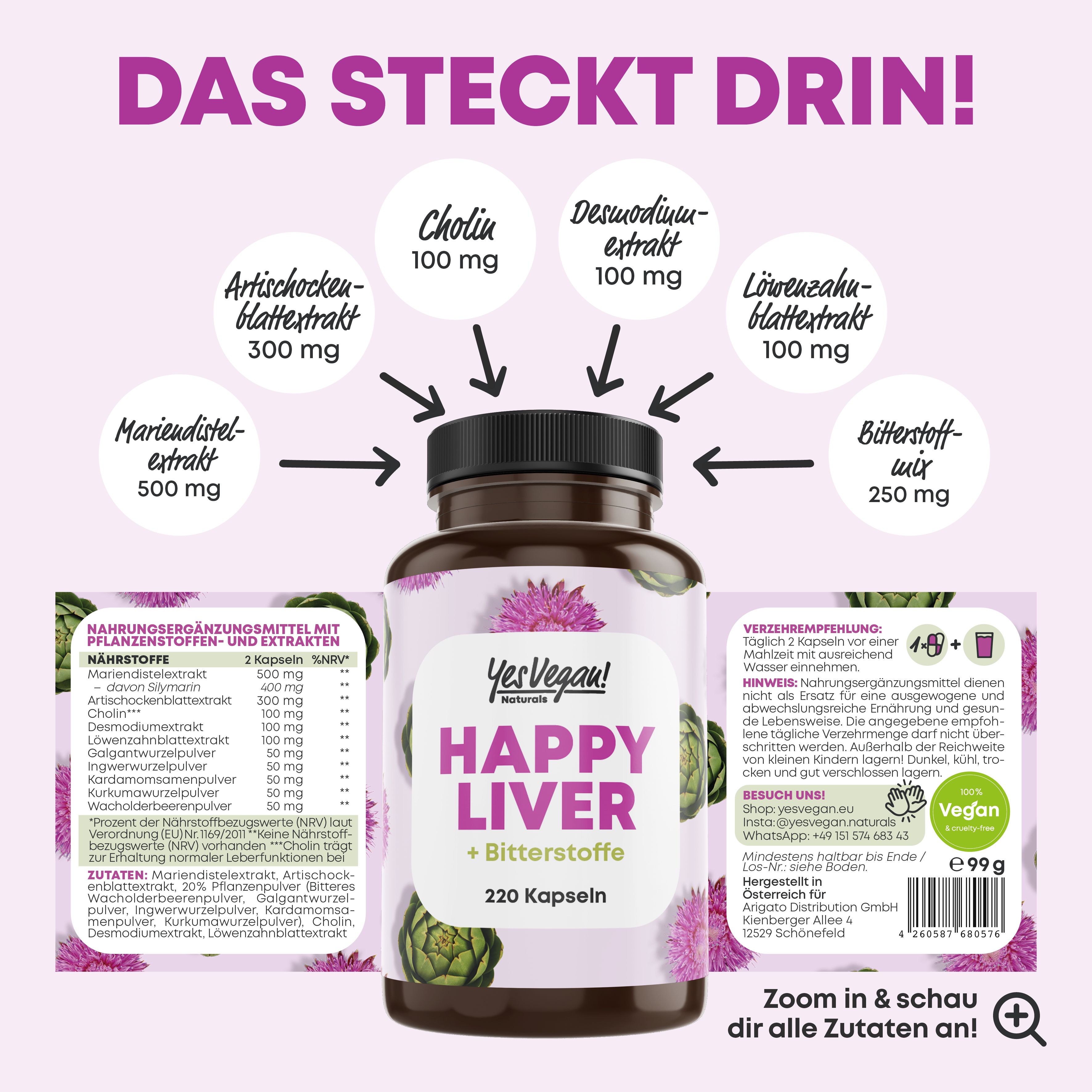 Produktflasche mit Zutatenangaben. Pfeile zeigen auf Inhaltsstoffe. Text: Happy Liver + Bitterstoffe, 220 Kapseln.