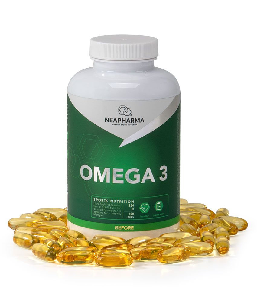 Neapharma Omega 3 Flasche umgeben von vielen Kapseln.