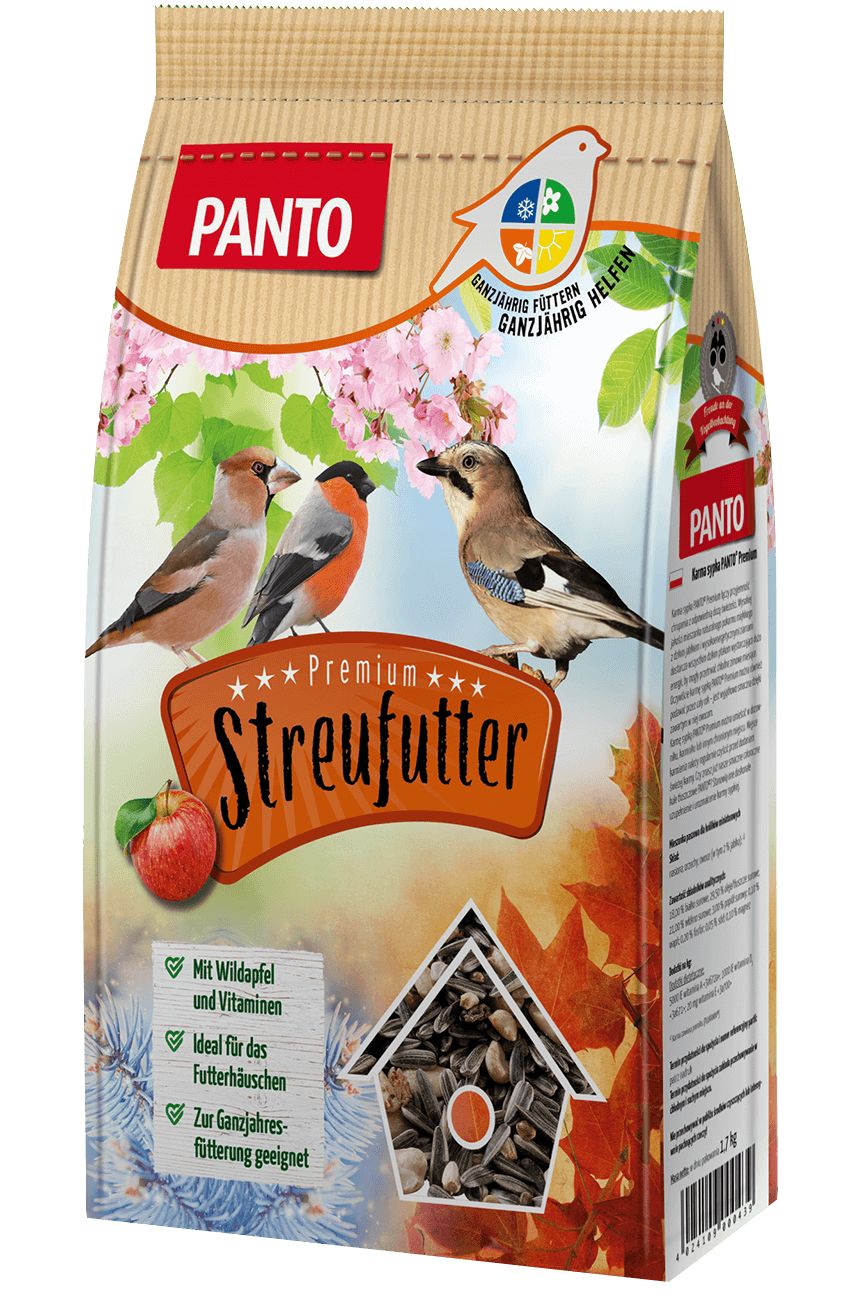 PANTO® Premium Streufutter mit Wildapfel. Vogel-Streufutter im Beutel. Abbildung von Vögeln, Apfel und Futterhaus. Text: Ganzjährig füttern.
