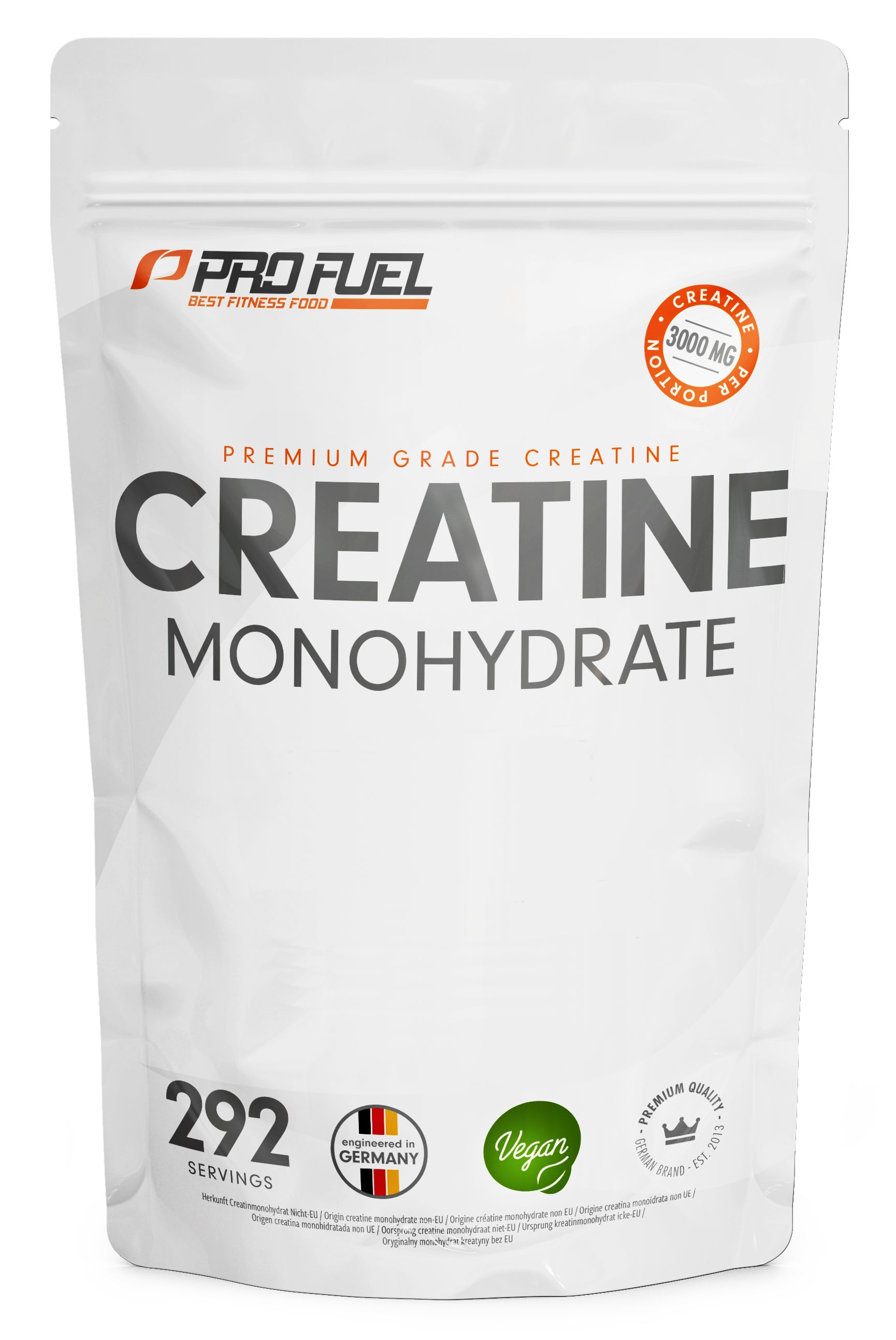 Weiße Tüte mit Aufschrift CREATINE Monohydrate. Logo: PROFUEL. 292 Portionen. 3000 mg pro Portion. Vegan-Siegel.