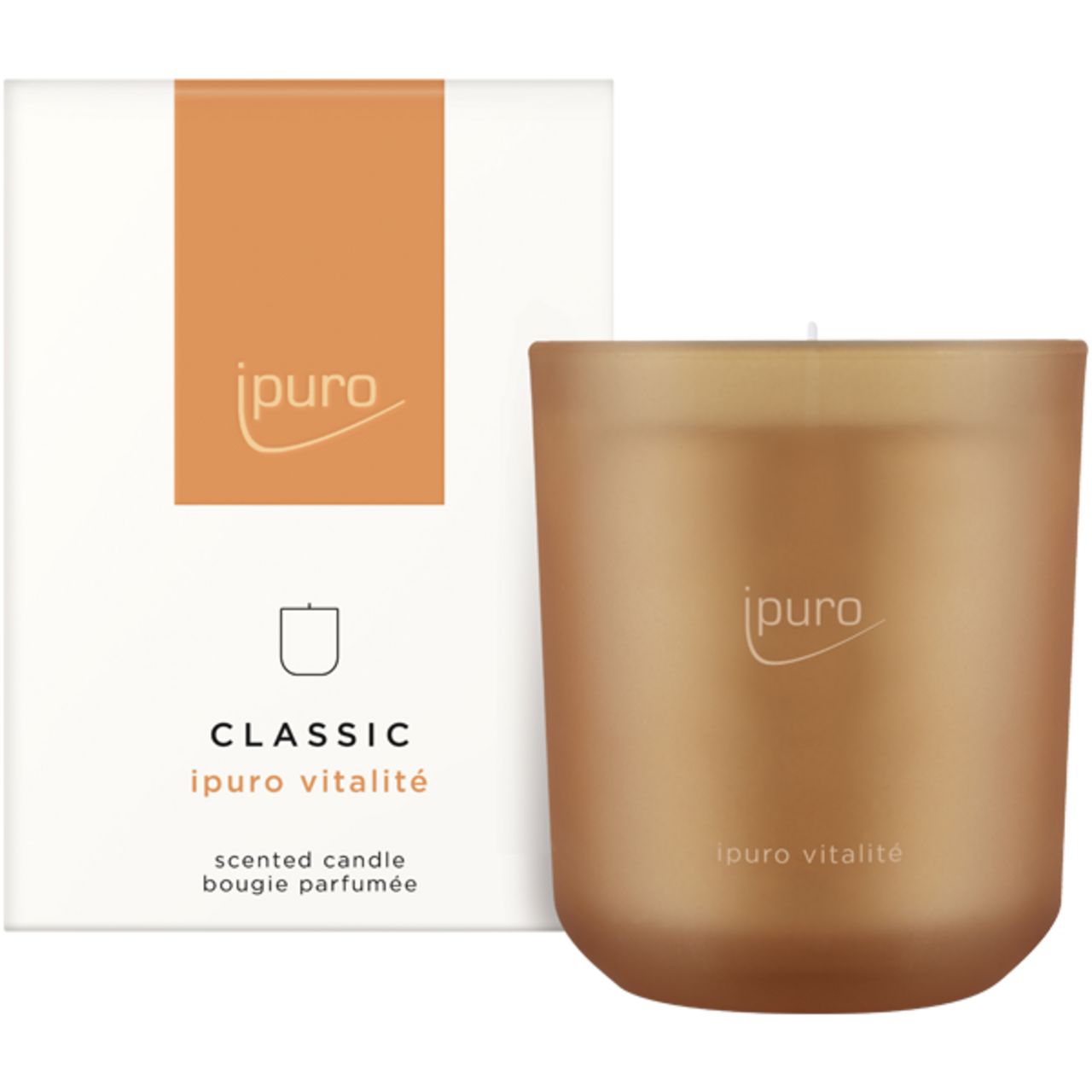 Goldfarbene Duftkerze neben weißer Verpackung. "ipuro" Logo und Schriftzug "ipuro vitalité" und "Classic" sind sichtbar.