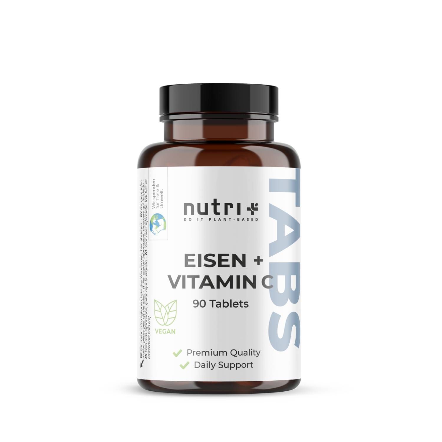 Flacone marrone con etichetta bianca. Scritta: nutri+ Eisen + Vitamin C, 90 compresse. Coperchio nero.