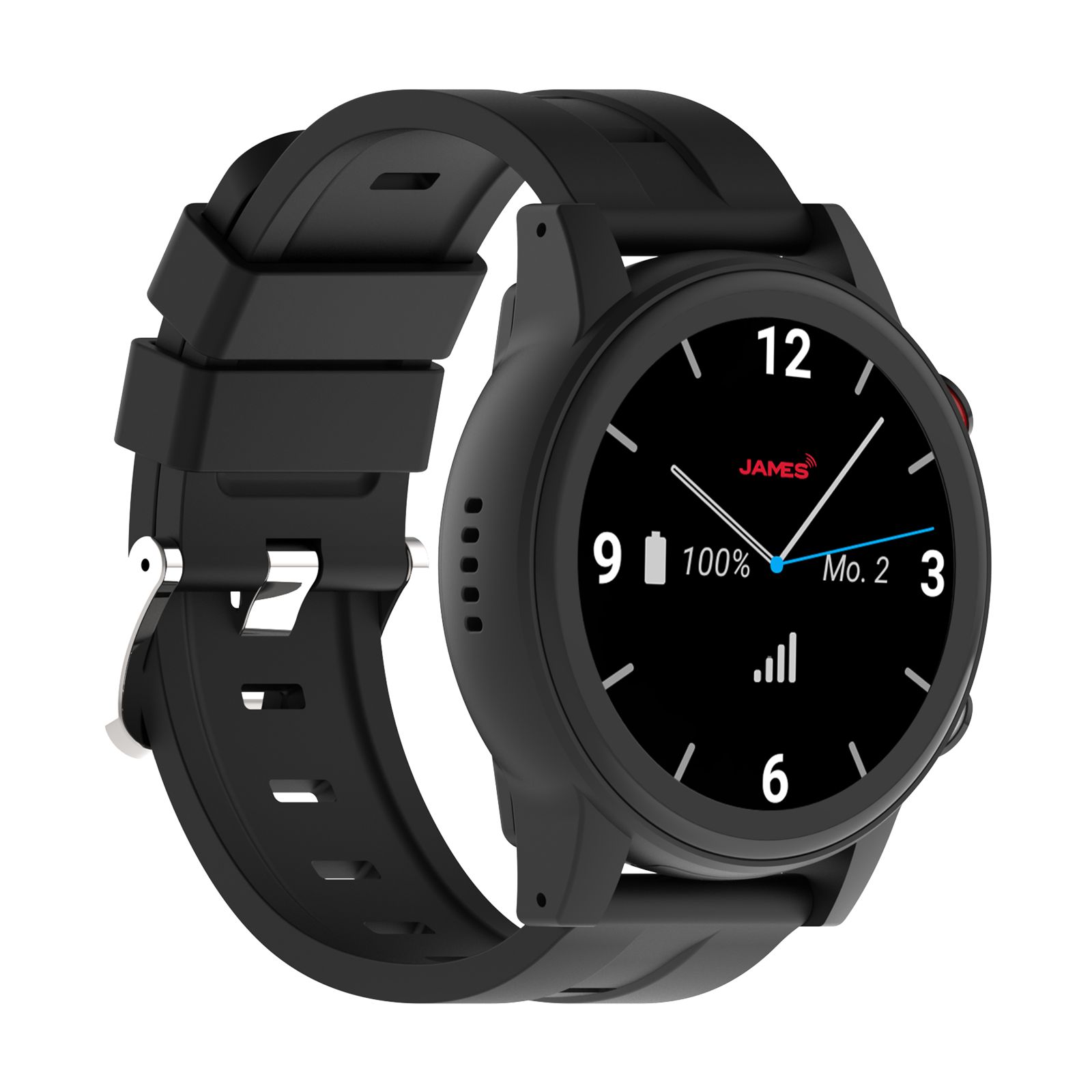 Schwarze Smartwatch mit rundem Zifferblatt. Zeigt Uhrzeit, Datum, Akkustand und Signalstärke. Marke: JAMES.