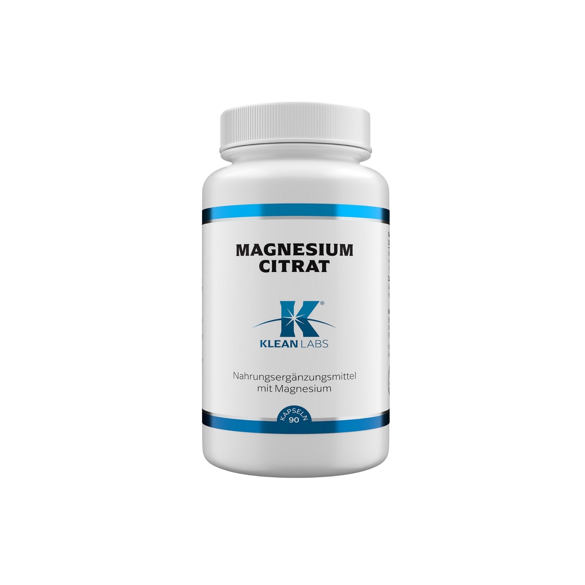 Weiße Flasche mit blauem Streifen. Aufschrift: Magnesium Citrat, Klean Labs. Nahrungsergänzungsmittel mit Magnesium.