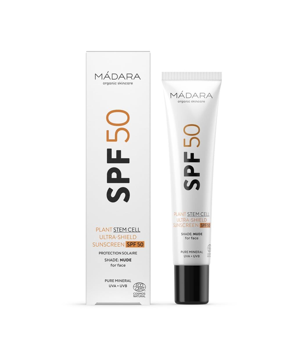 Sonnencreme-Tube und -Verpackung. Marke: MADARA. Text: SPF 50, Sonnenschutz, Shade: Nude for face. Mit Zertifizierung.