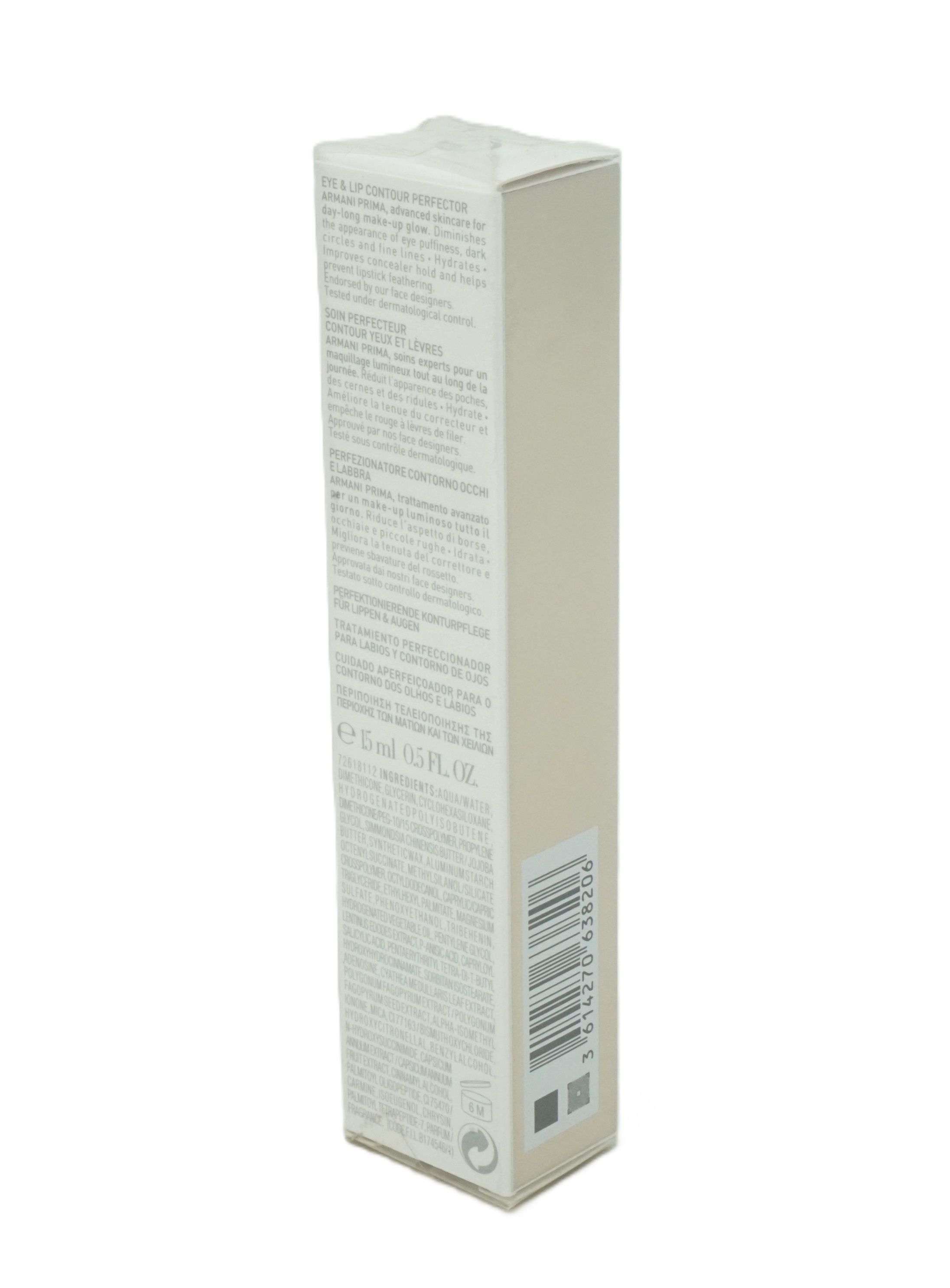 Giorgio Armani Prima Augen- & Lippenkonturen-Perfektionierer. Verpackung mit Text und Barcode. 15 ml.