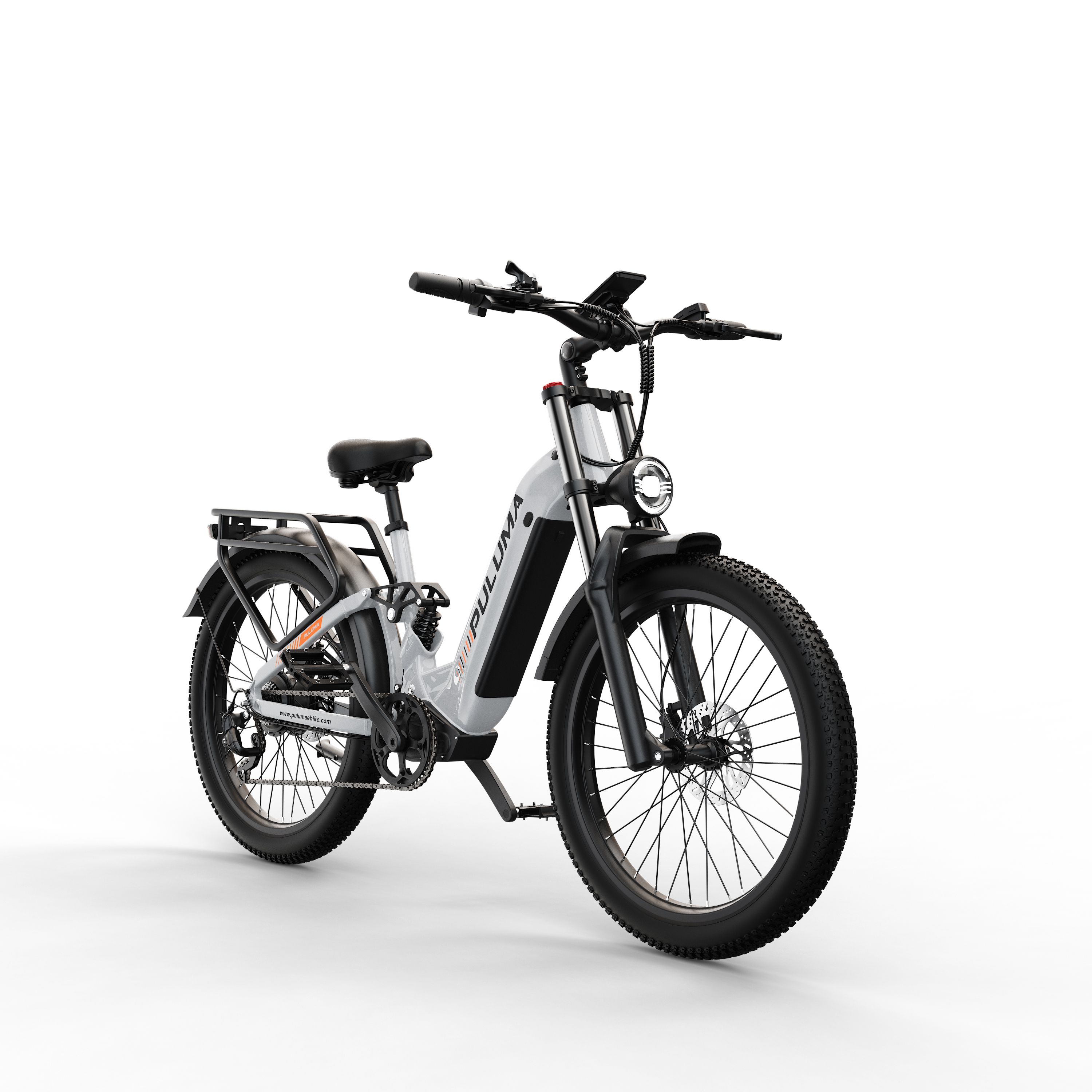 Weißes Elektrofahrrad mit schwarzen Reifen. Aufschrift PULUMA.