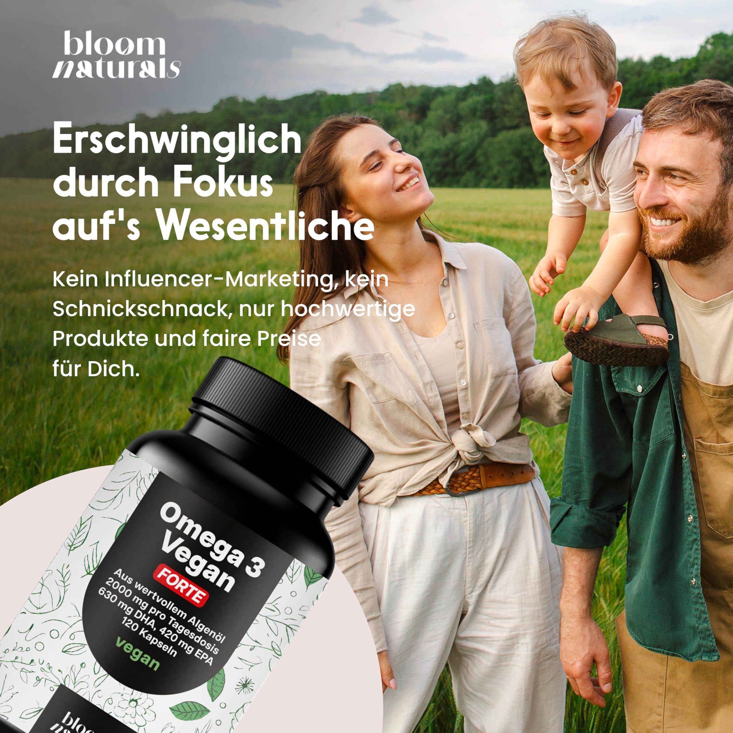 Familie mit Flasche. Text: Erschwinglich durch Fokus auf's Wesentliche. Keine Influencer-Marketing, nur hochwertige Produkte.