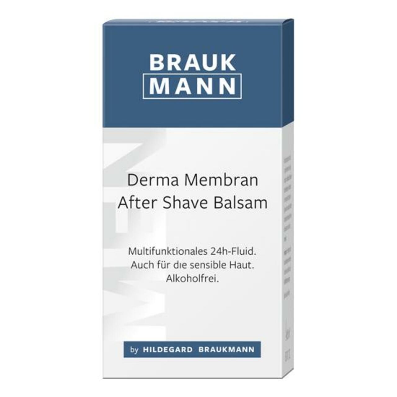 Weiß-blaue Schachtel. Aufschrift: BRAUKMANN, Derma Membran After Shave Balsam. Text: Multifunktionales 24h-Fluid.