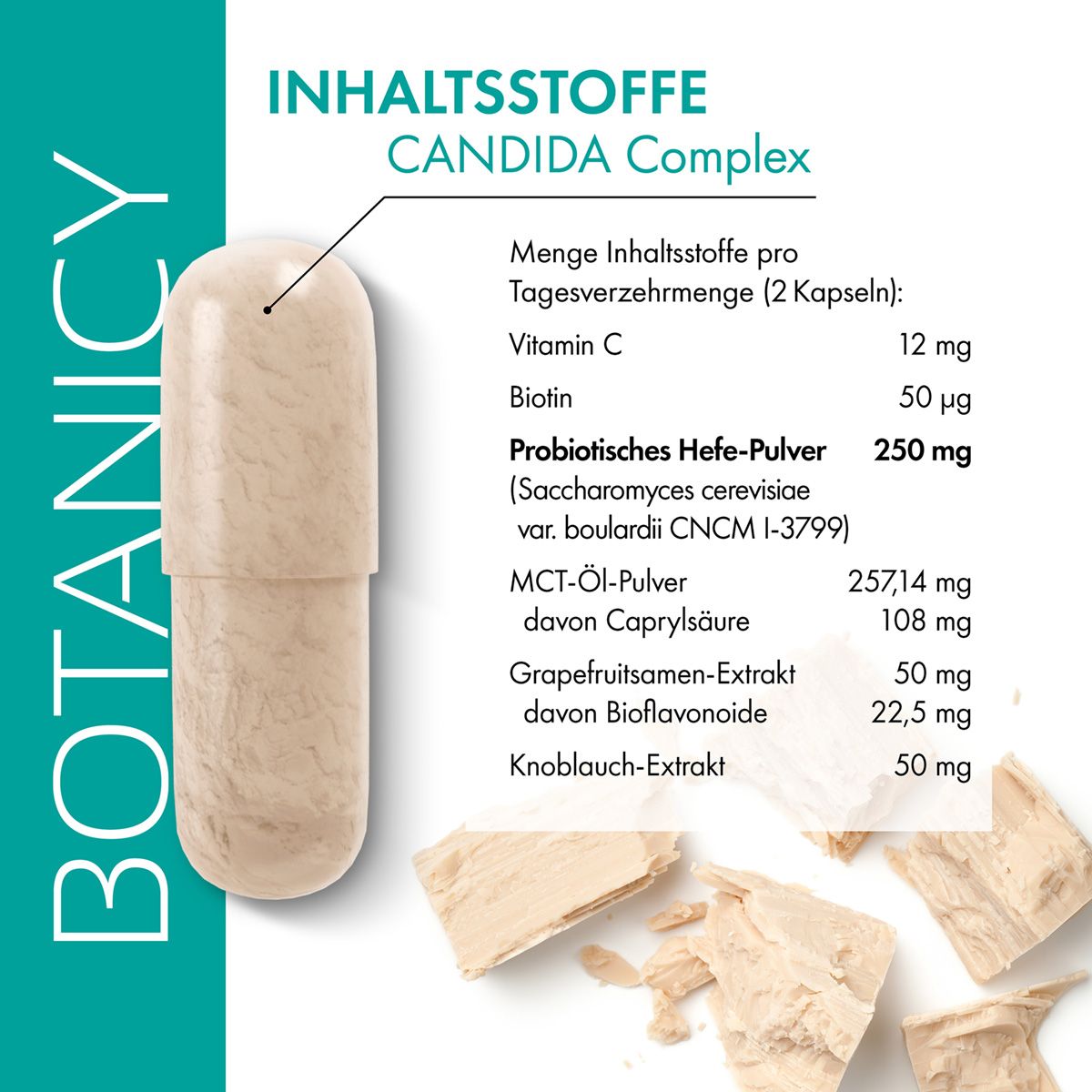 Eine Kapsel CANDIDA Complex mit Inhaltsstoffen wie Vitamin C, Biotin, Hefe-Pulver und MCT-Öl.