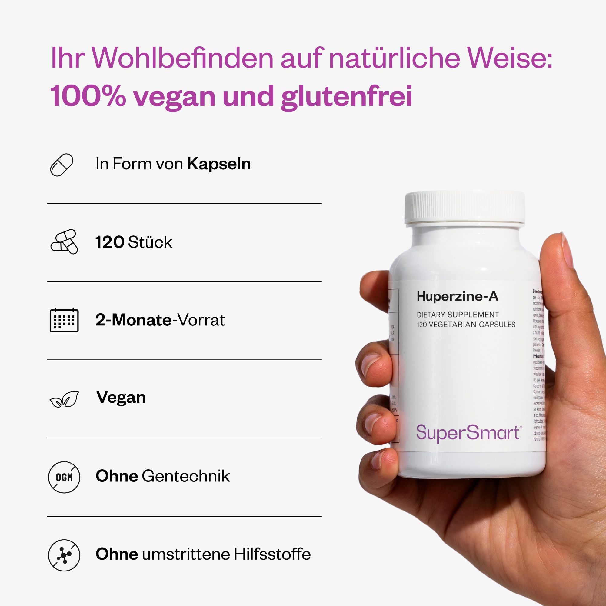 Huperzin-A Flasche, 120 Kapseln. 100% vegan und glutenfrei. Ohne Gentechnik. SuperSmart Logo. 2-Monats-Vorrat.
