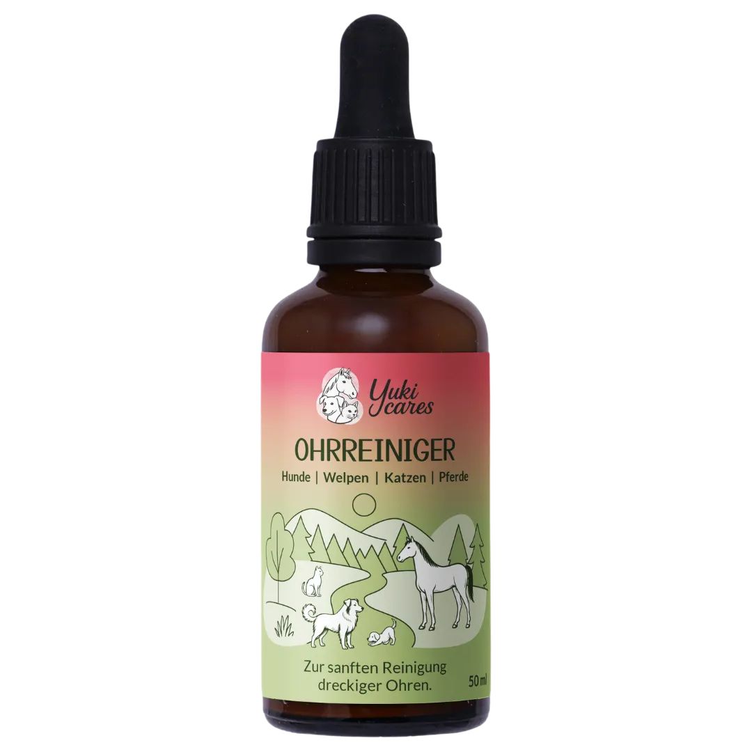 Braune Flasche mit Tropfer. Etikett mit Produktname, Marke Yuki cares und Illustrationen von Tieren. 50ml.