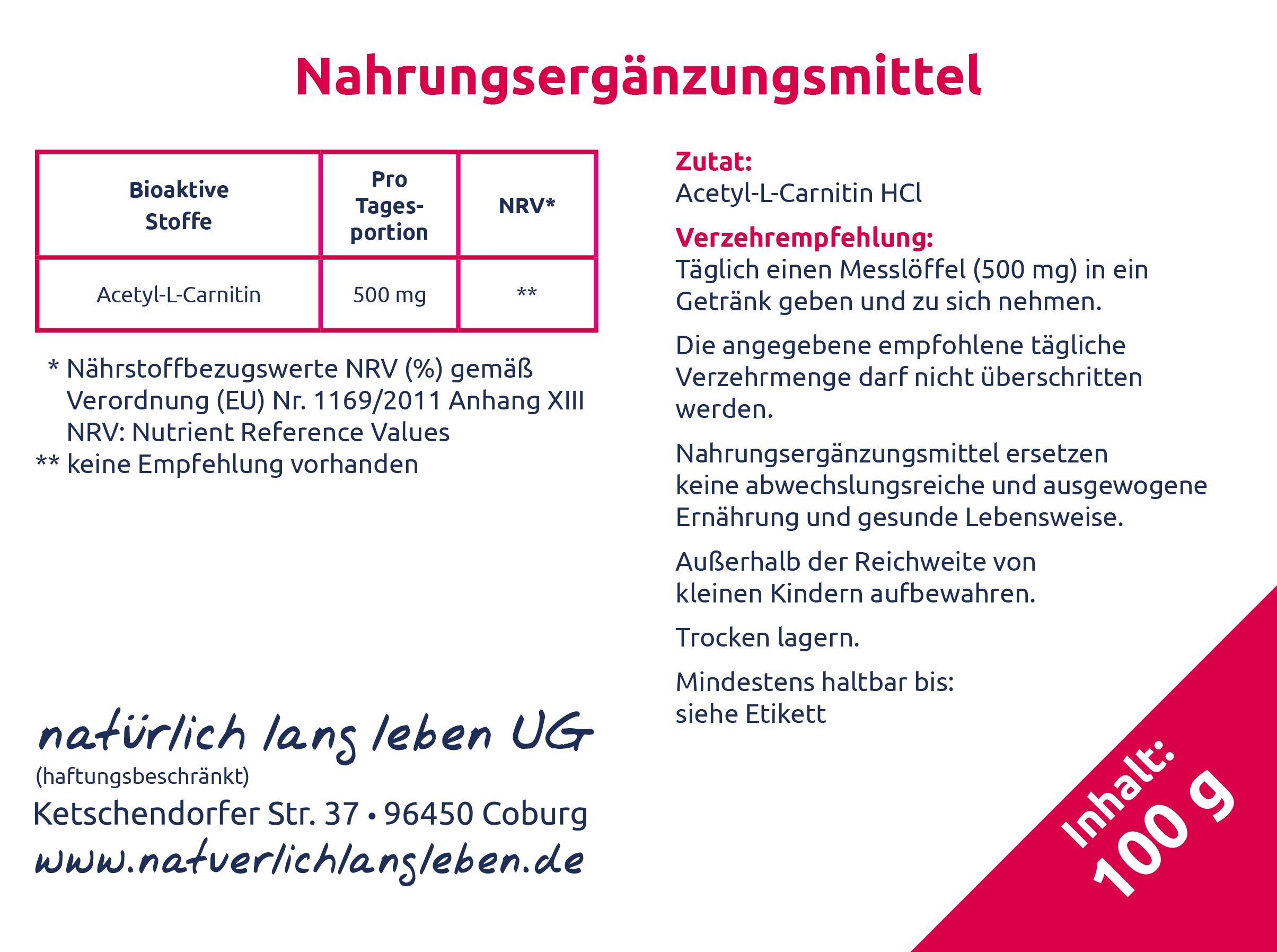 natürlich lang leben Acetyl-L-Carnitin 100 g Pulver