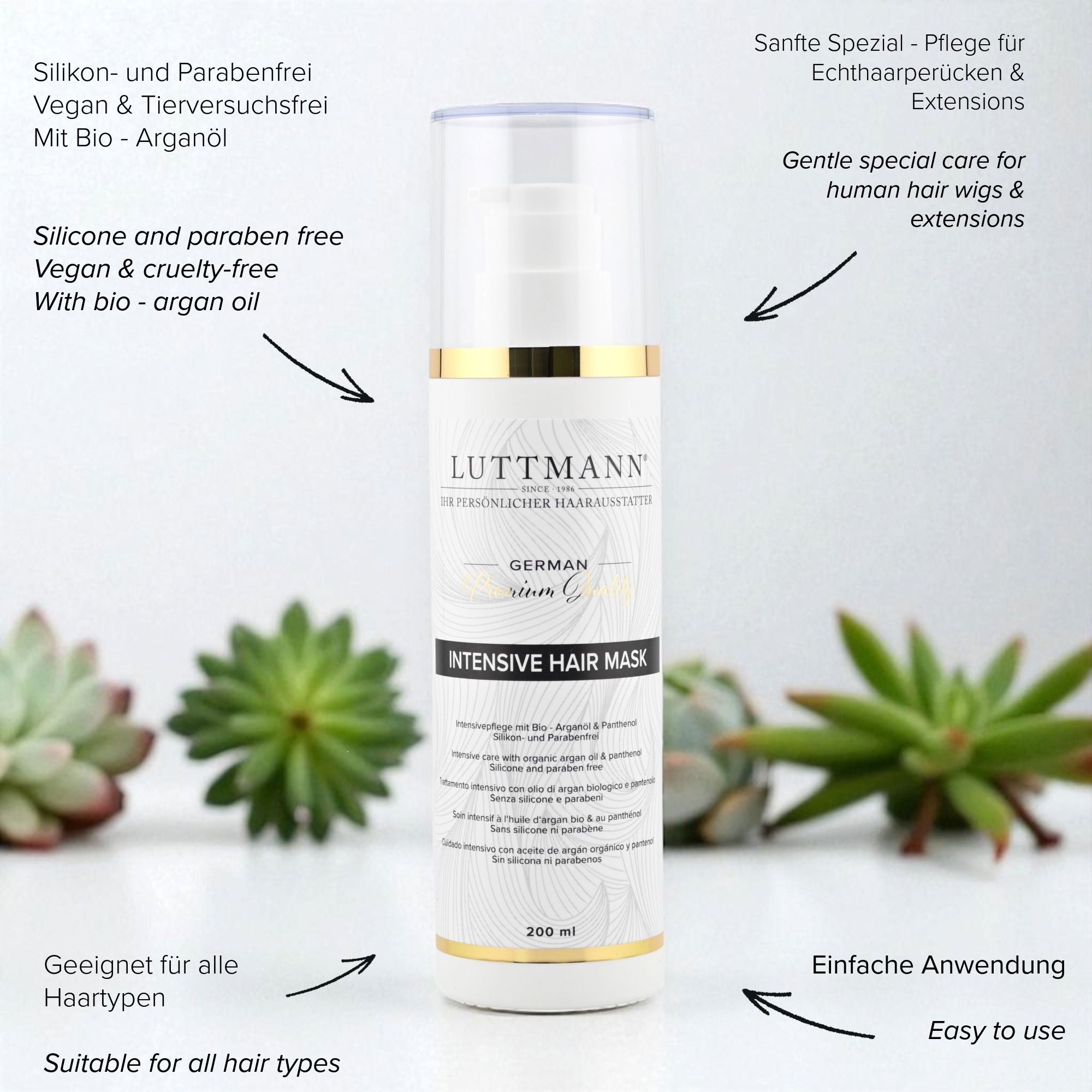 LUTTMANN® Intensive Hair Mask, weiße Flasche mit goldfarbenen Akzenten. Produktinformationen und Anwendungsbeispiele.