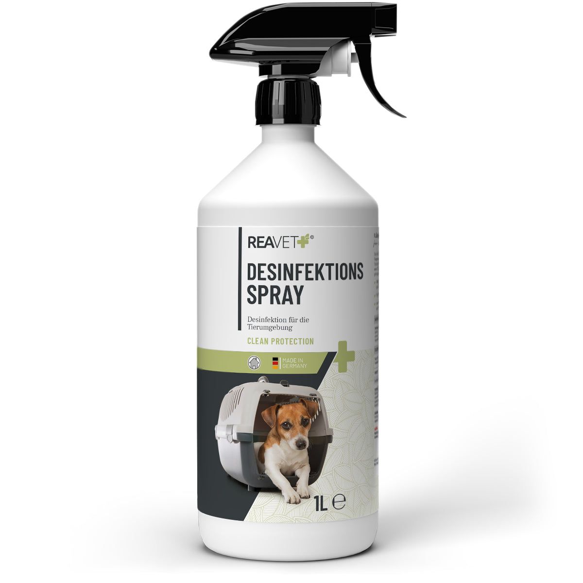 Weiße Sprühflasche mit schwarzem Sprühkopf. Aufschrift: Desinfektionsspray. Ein Hund in einer Transportbox ist abgebildet. 1L.