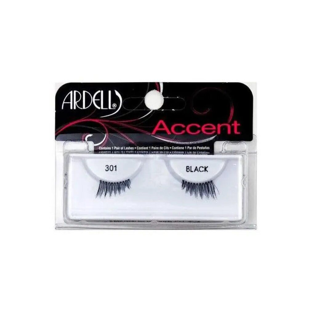 Ardell Accent Lashes 301 Nero. Schwarze Wimpern in Kunststoffverpackung. Enthält 1 Paar Wimpern. Aufschrift: BLACK.