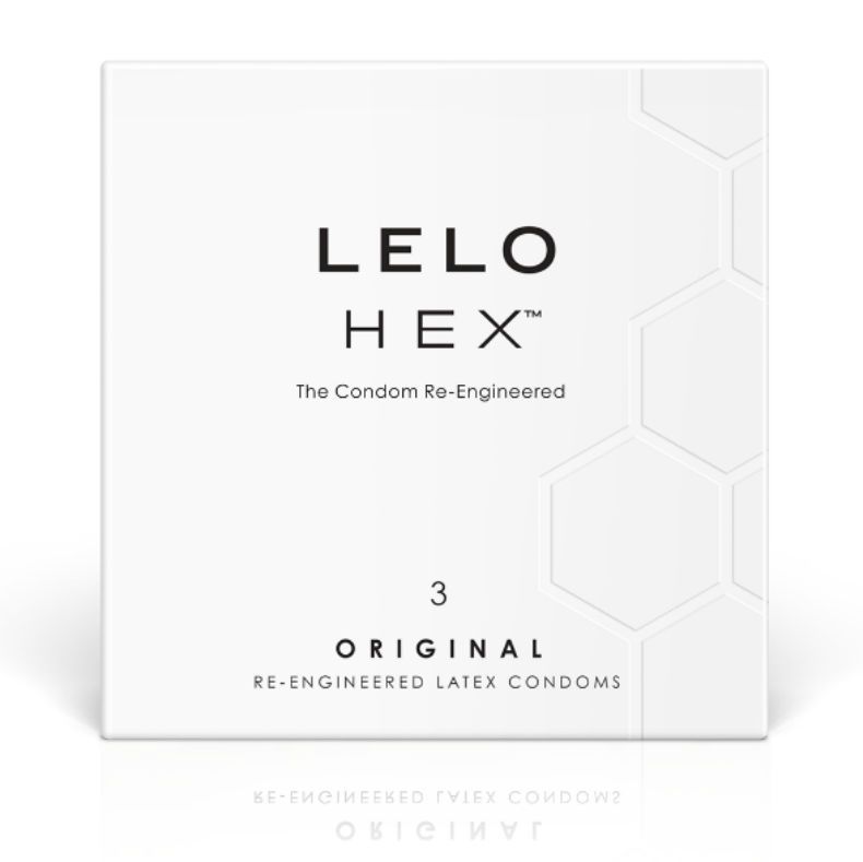 Weiße Verpackung mit LELO HEX Logo, 3 Stück, Original. Sechseckmuster. Reflektierende Oberfläche.