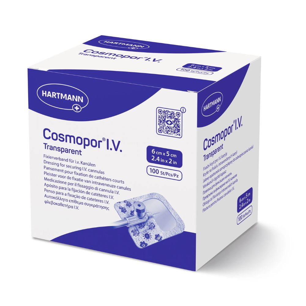 Verpackung von Cosmopor I.V. transparent, 6 x 5 cm. Box mit Produktabbildung und Produktnamen. Enthält 100 Stück.