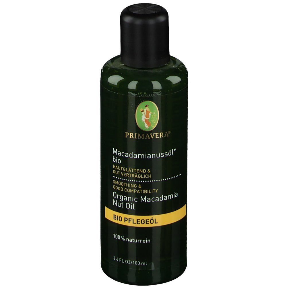 Grüne Flasche mit schwarzem Deckel. Etikett mit PRIMAVERA Logo und Text: Macadamianussöl BIO. 100% naturrein.