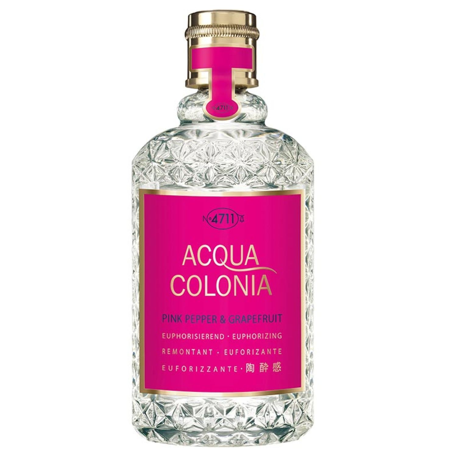 Glasflakon mit pinkfarbenem Etikett. Aufschrift: Acqua Colonia Pink Pepper & Grapefruit. Goldfarbener Verschluss.