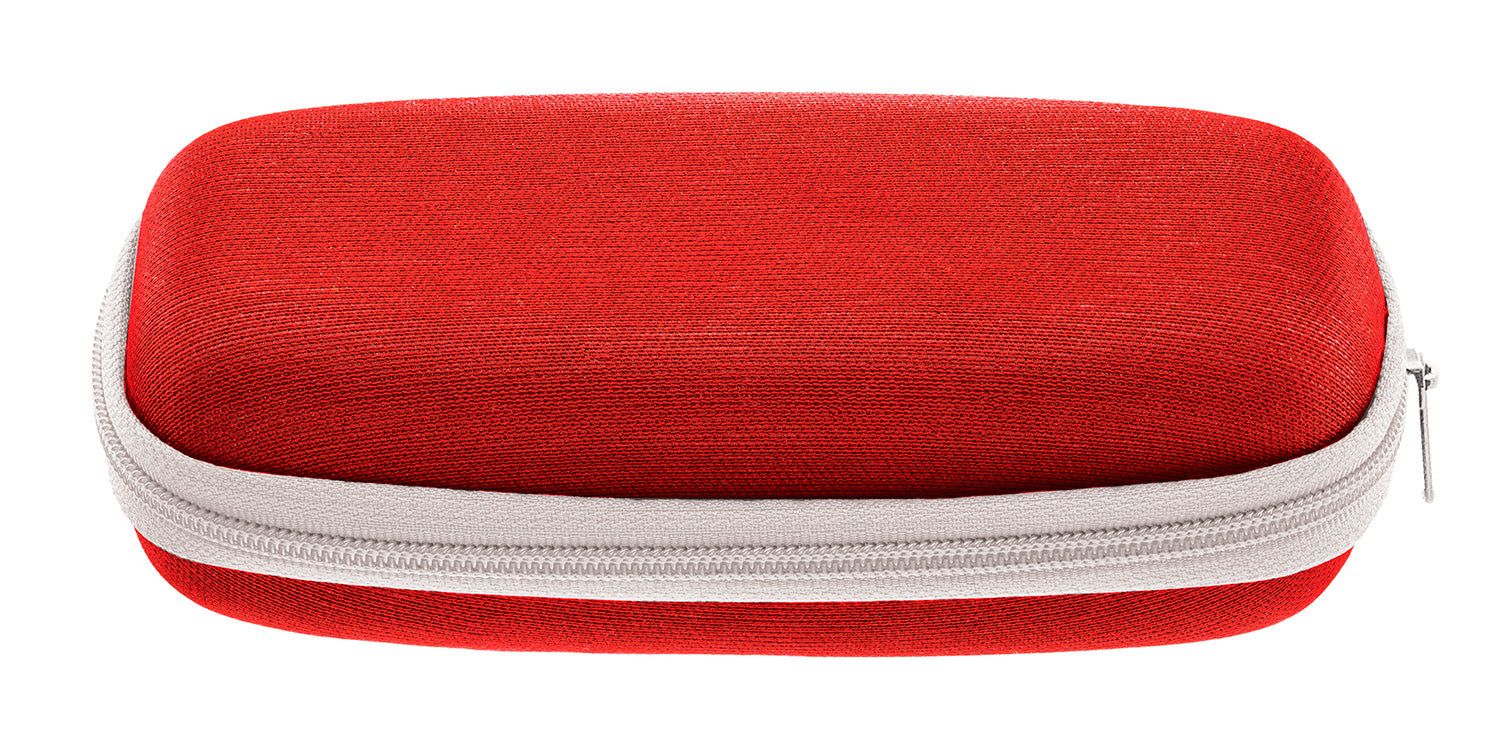 Rotes Brillenetui mit weißem Reißverschluss. Hartschalenetui für Sonnenbrillen.