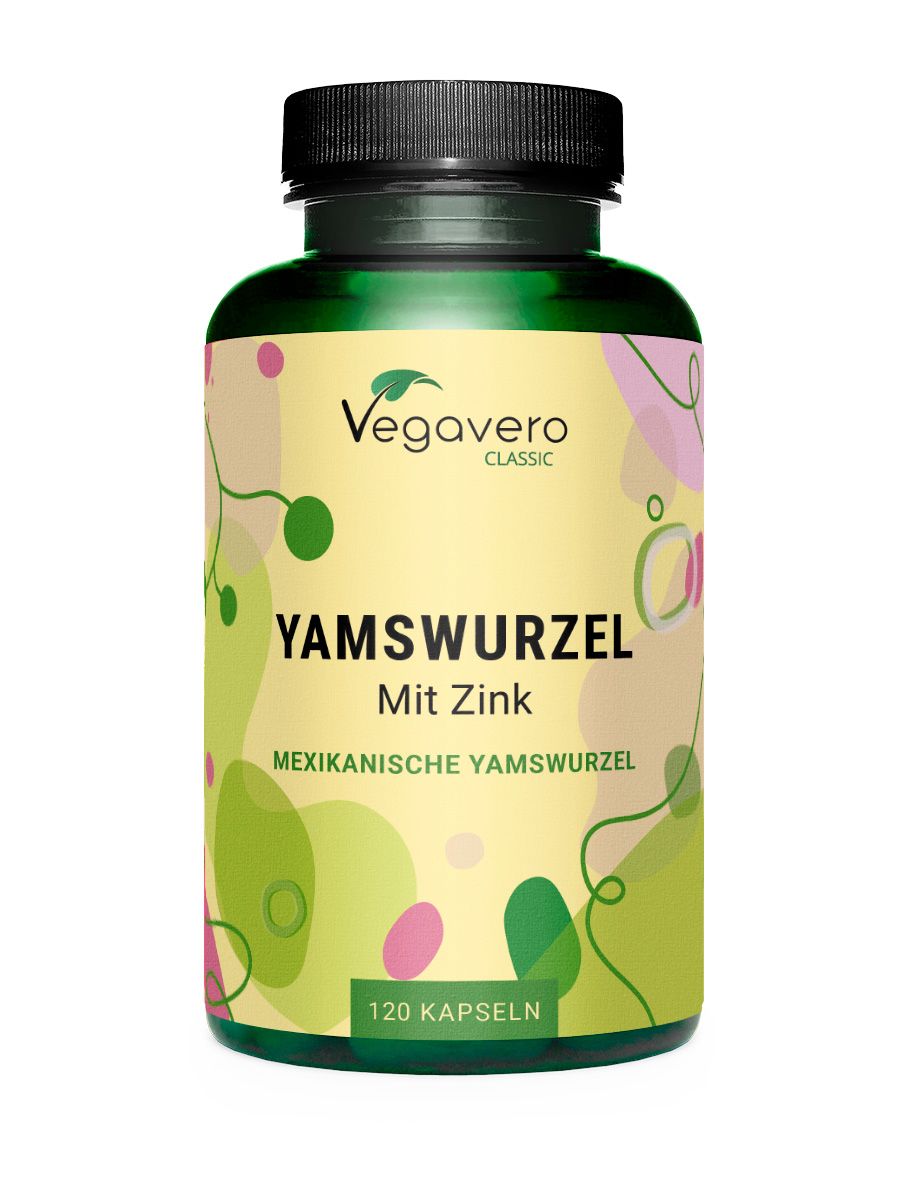 Grüne Flasche mit schwarzen Deckel. Aufschrift: Vegavaro Classic, Yamswurzel mit Zink, 120 Kapseln. Hintergrund mit bunten Formen.