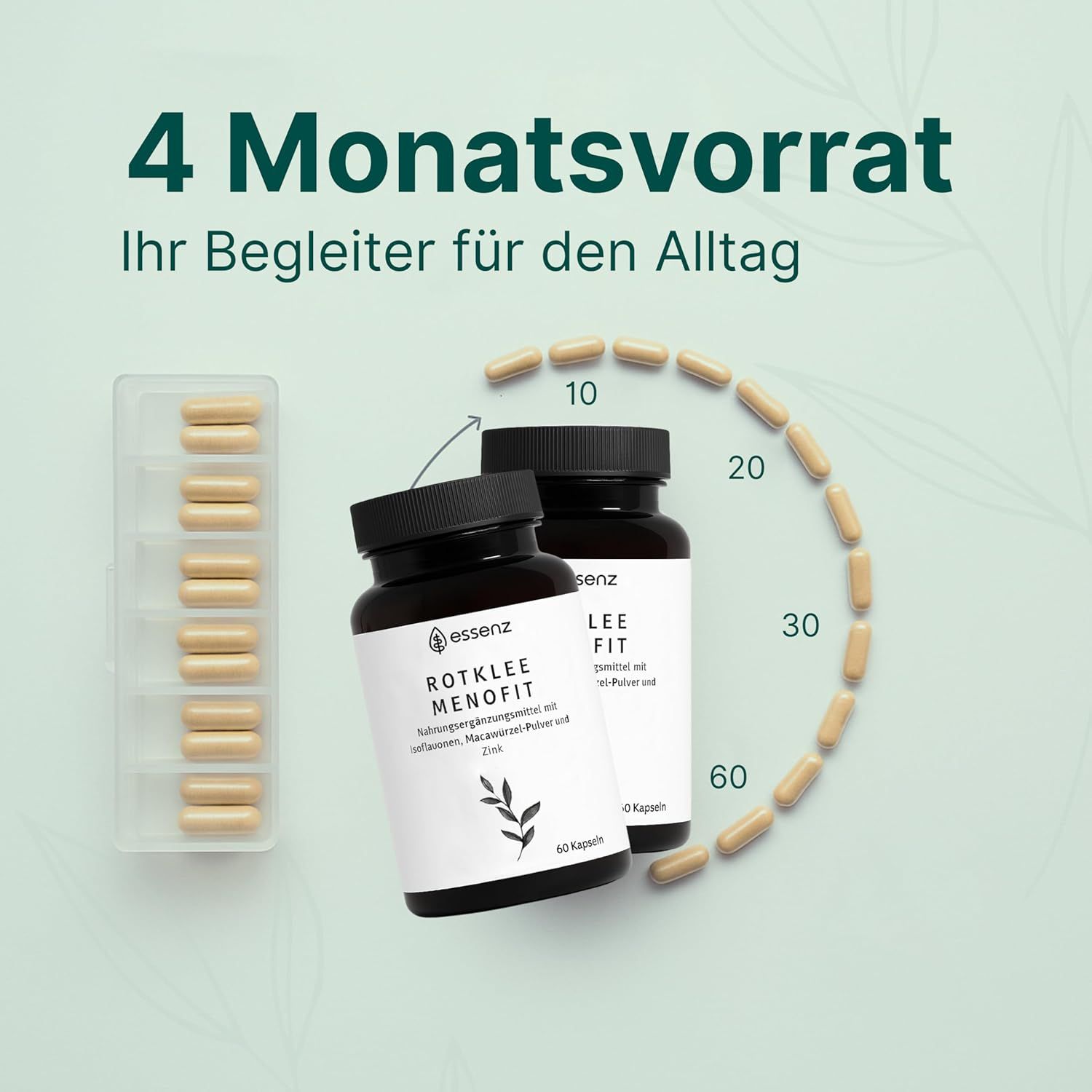 Zwei Flaschen ESSENZ Rotklee MenoFit Kapseln. Eine Kapselpackung. Text: 4 Monatsvorrat. Kapseln in einer Reihe.