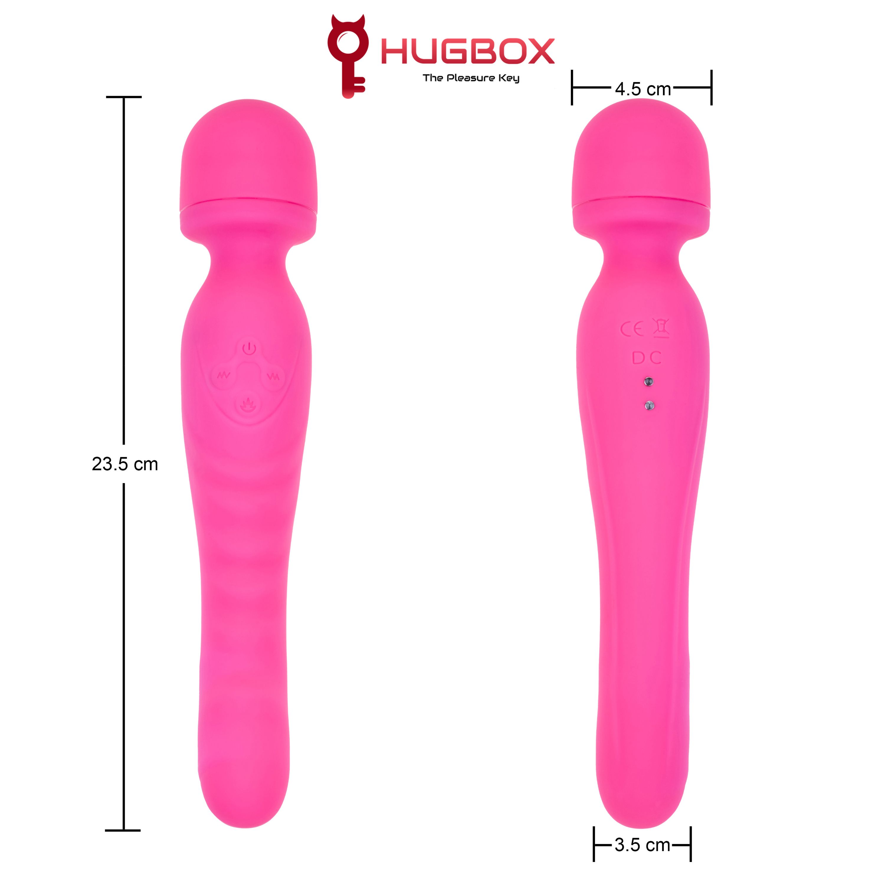 Zwei pinkfarbene Massage-Sticks. Auf einem sind Maße angegeben: 23,5 cm lang, 4,5 cm breit. Logo: HUGBOX.
