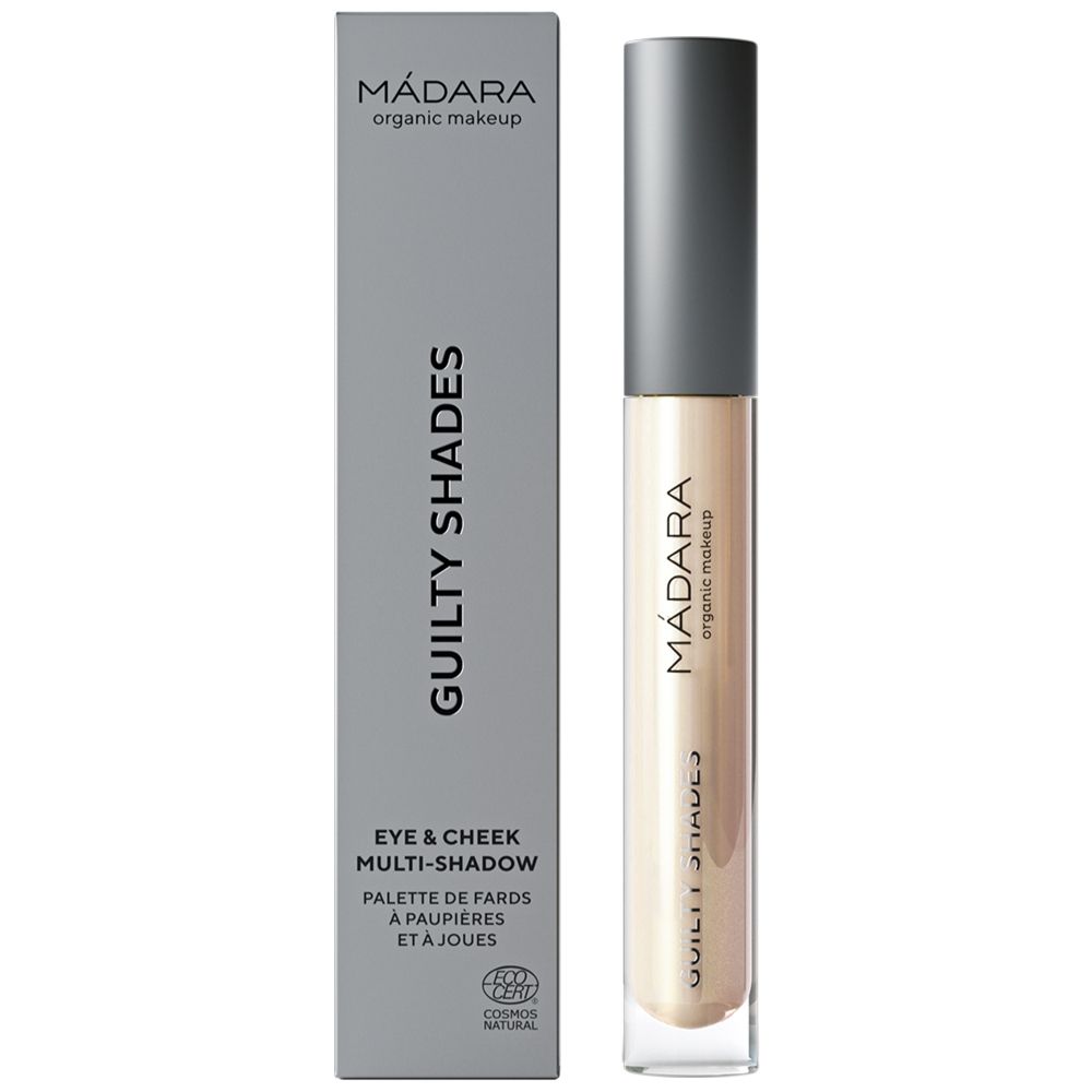 Madara Guilty Shades Frost. Ombretto multiuso occhi e guance. Confezione grigia e prodotto. Testo: Madara, Guilty Shades, COSMOS NATURAL.